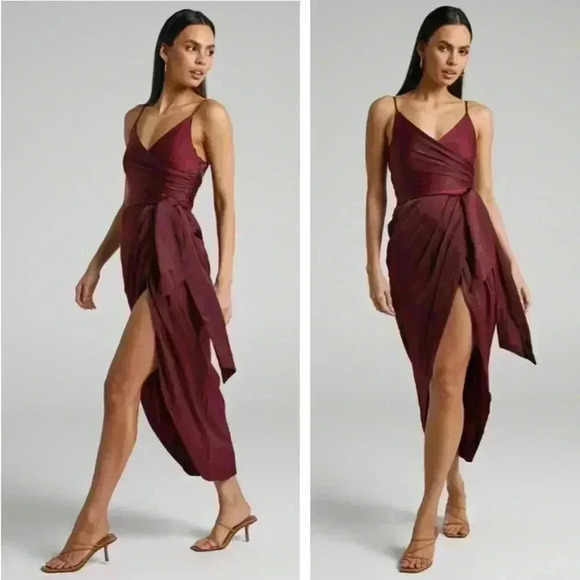 NWT Showpo How Will I Know Midi Dress Burgundy Wine Satin Wedding Cocktail Party - Picture 1 of 8